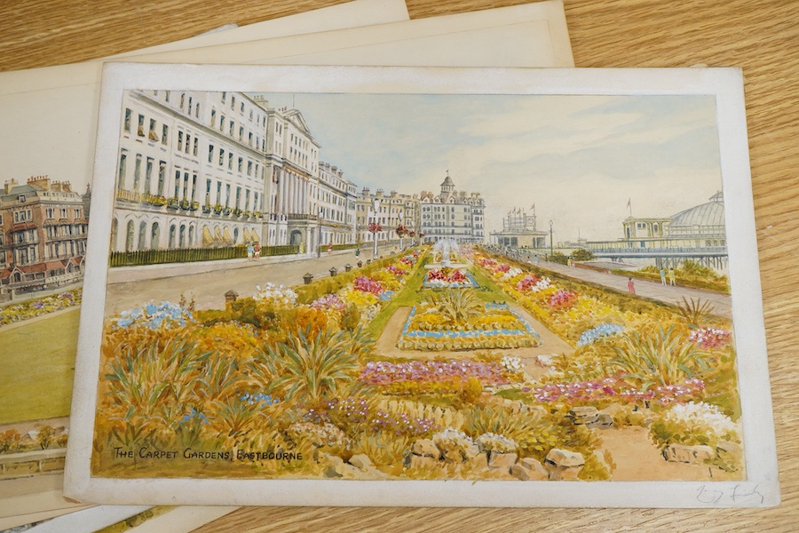 Sir Alfred Robert Quinton (1853-1934), Set of eight original watercolours for postcard designs, Sussex views to include Mermaid Street, Rye, Old Town, Hastings and Preston Park, Brighton, each monogrammed, signed or insc